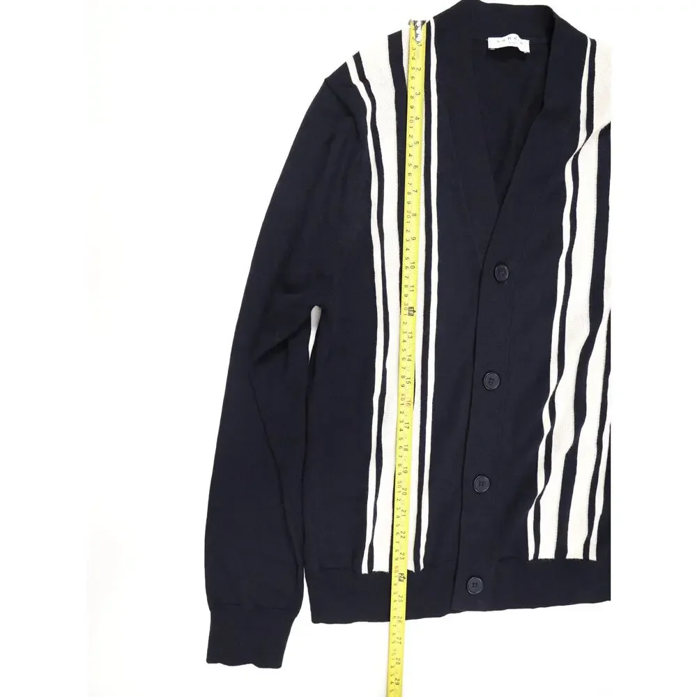 Quiet Luxury Sandro Paris Mens 100% Wool Navy Striped Cardigan Minimalist Preppy